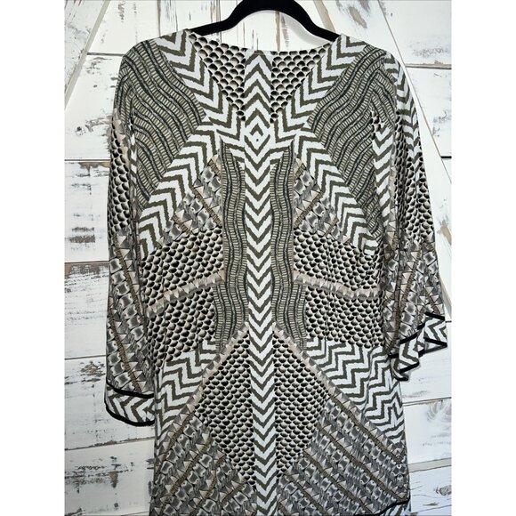 Hale Bob Large Tribal Geometric Knit Dress Lace Up V Neck Green White Half Slve - Picture 10 of 11